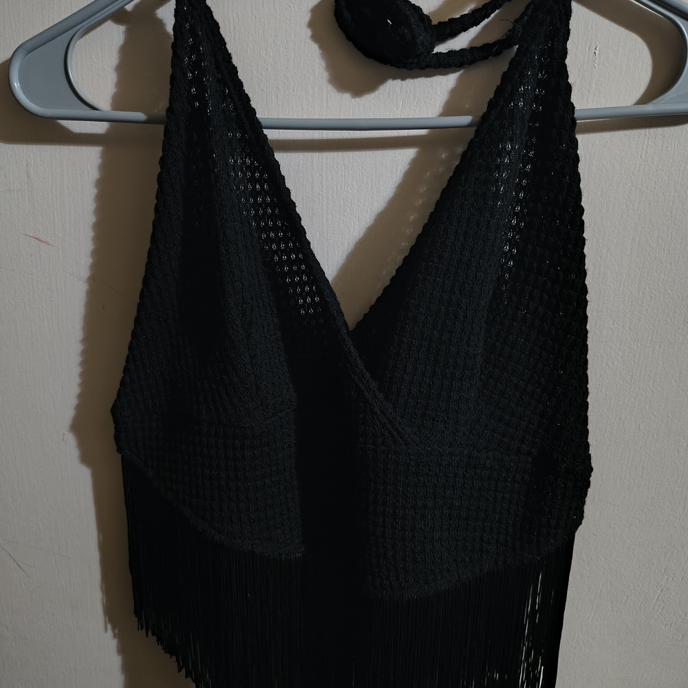 SHEIN Black Crochet Fringe Halter Crop Top